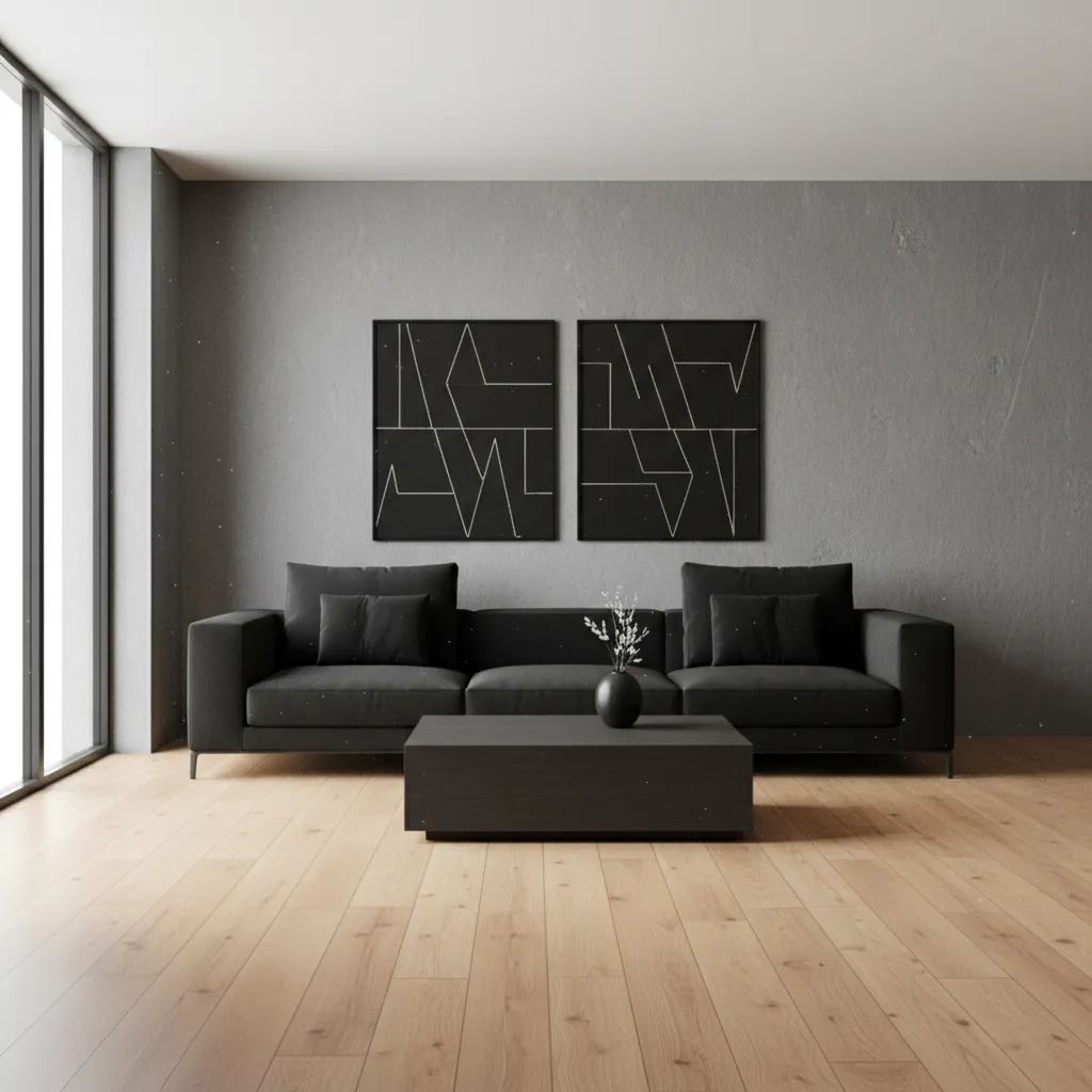 Modern grey living room with black sofa dark coffee table and two black framed artworks