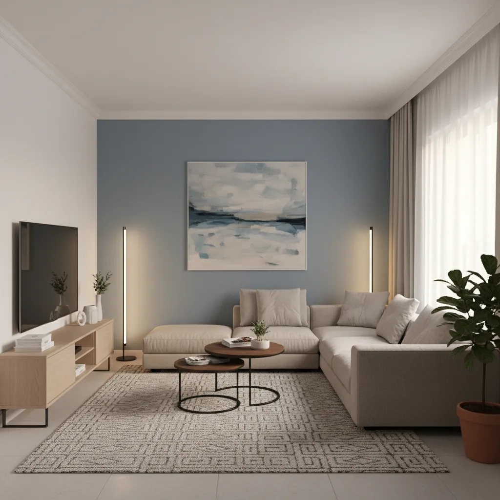 modern living room with grey walls and dusty blue accent wall