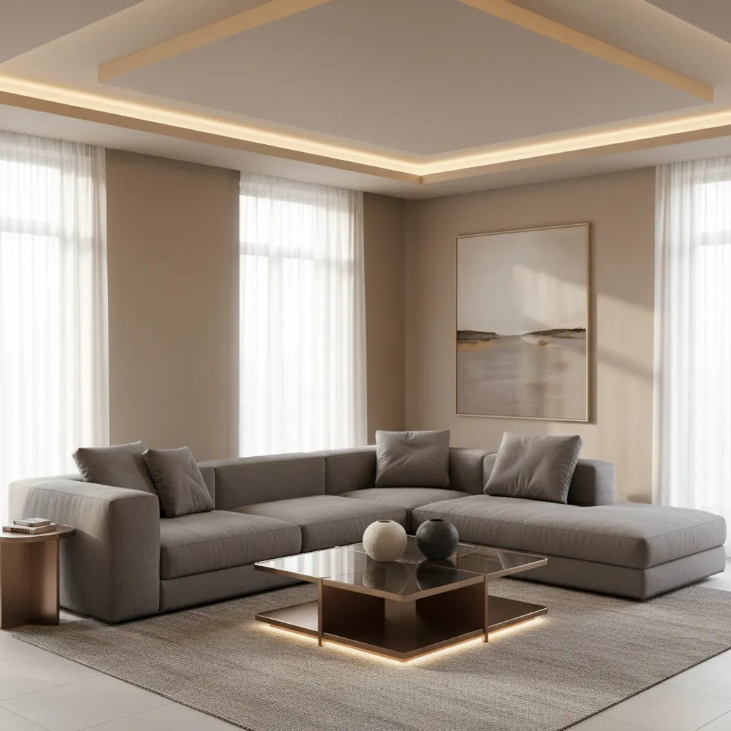 Living room showing dominant grey furniture with subtle bronze accents