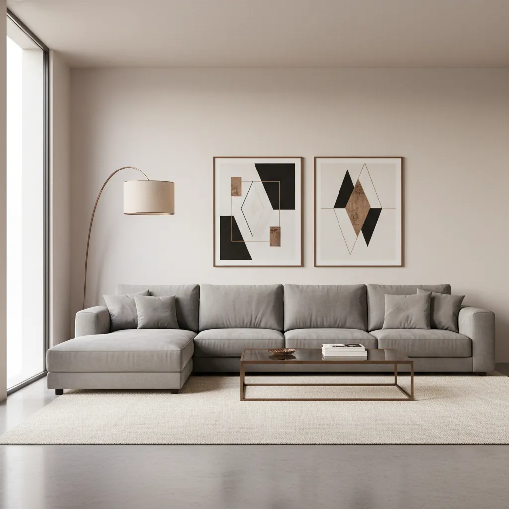 Grey living room interior with bronze accents and modern furniture