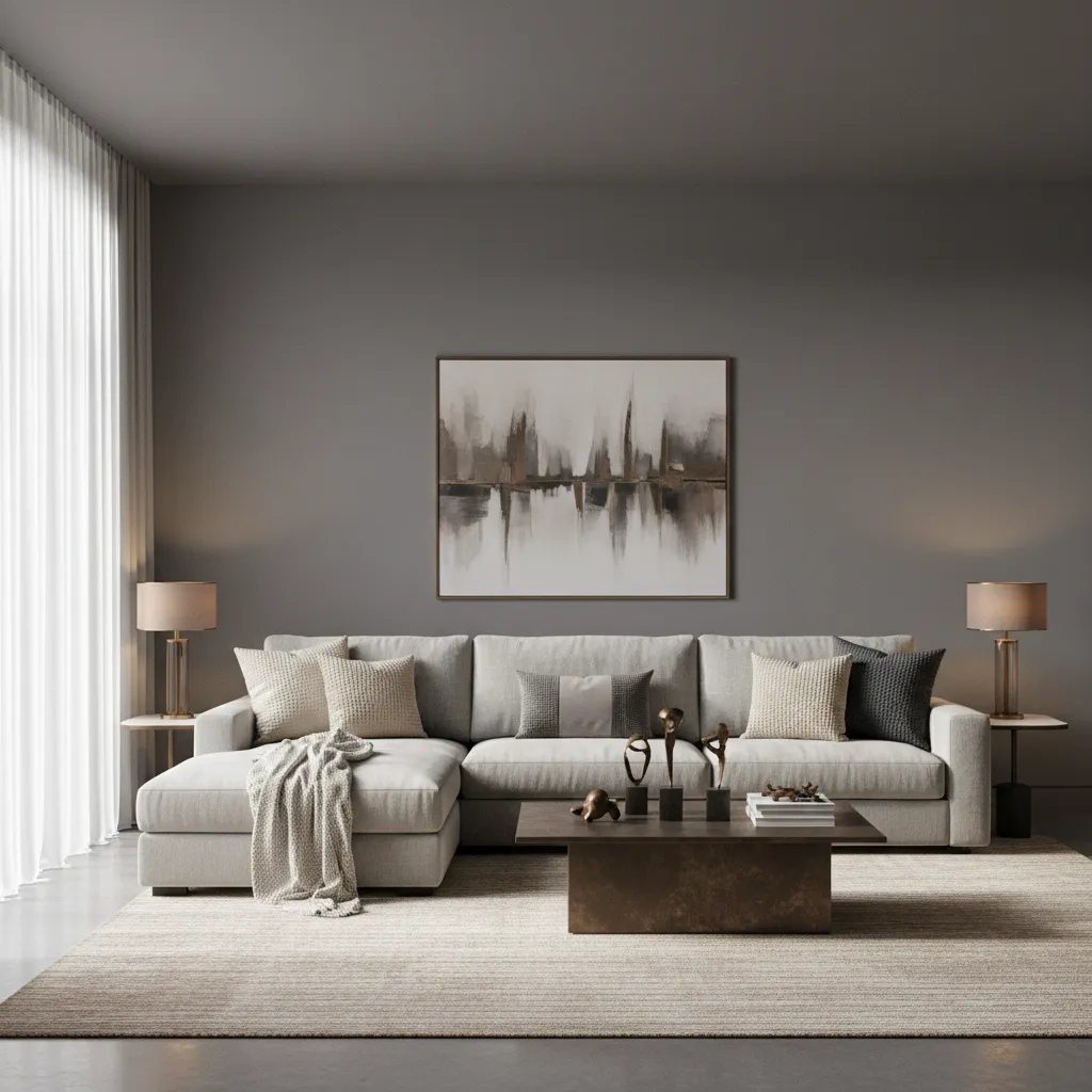 Contemporary grey living room with bronze decor accents and warm lighting