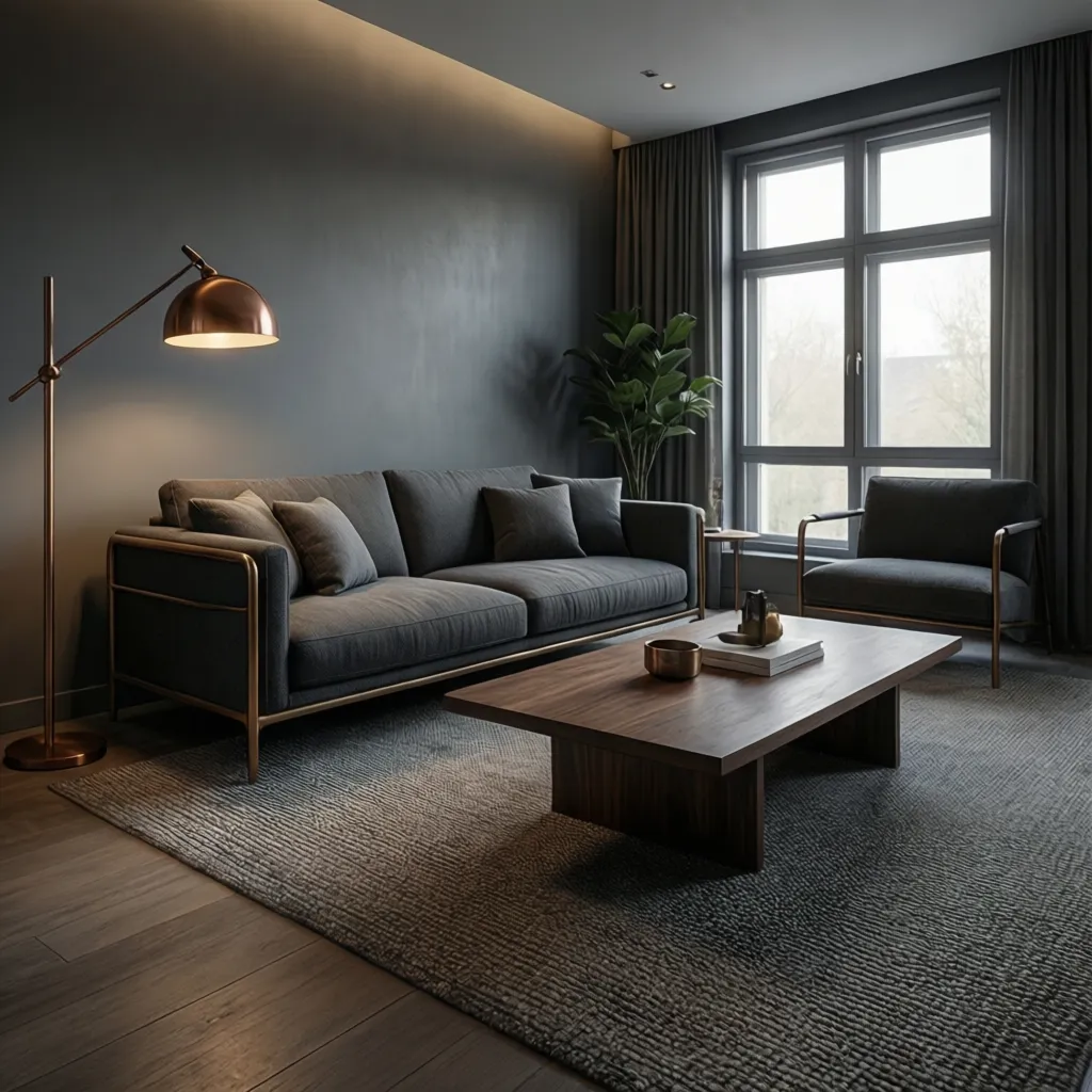 modern grey living room with bronze accents and walnut furniture