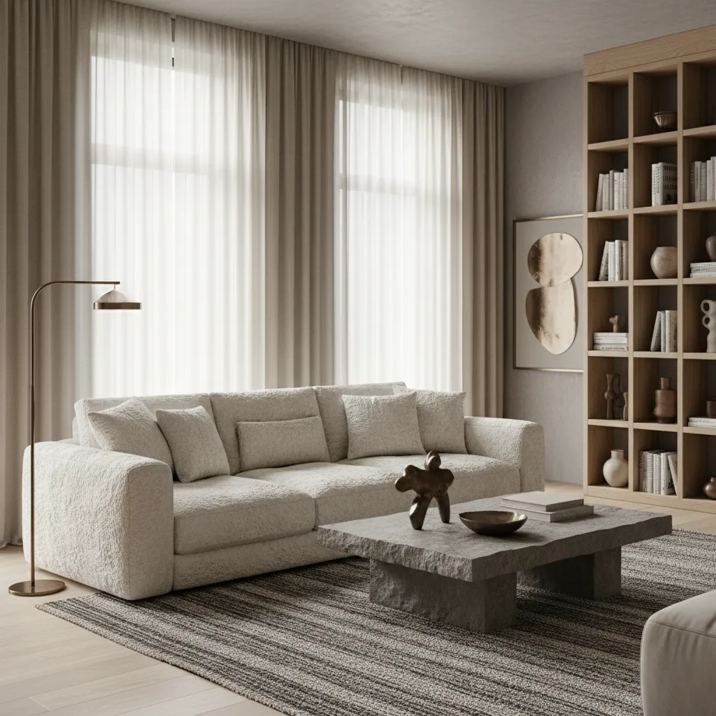 Grey living room with textured fabrics stone table and bronze accents