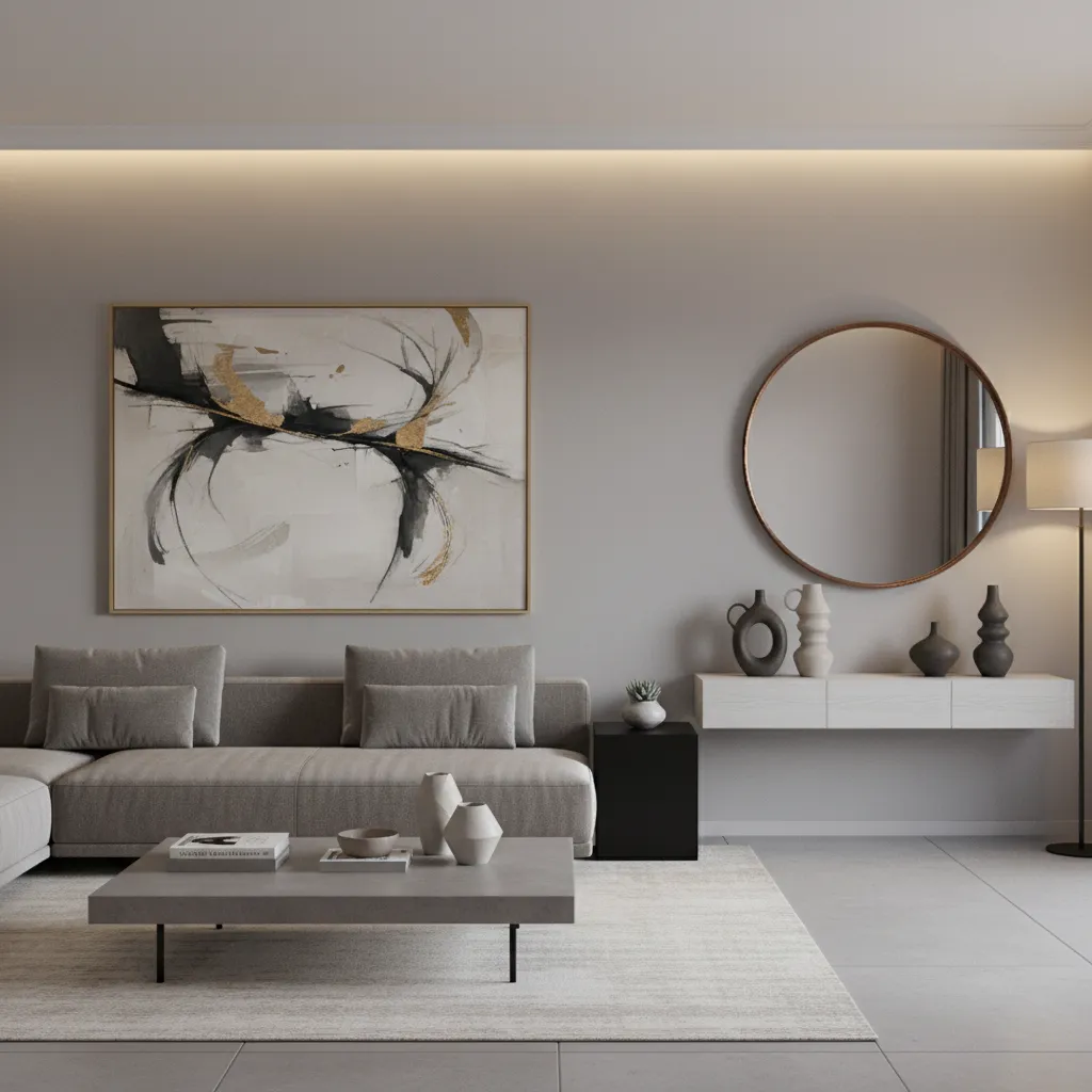 Grey living room wall art with bronze framed decor