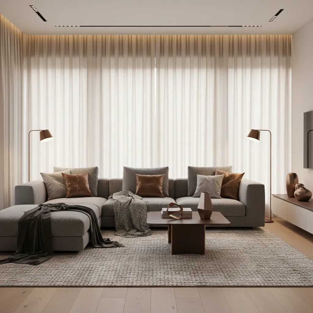 Grey living room with bronze decor and layered textiles like cushions and rug