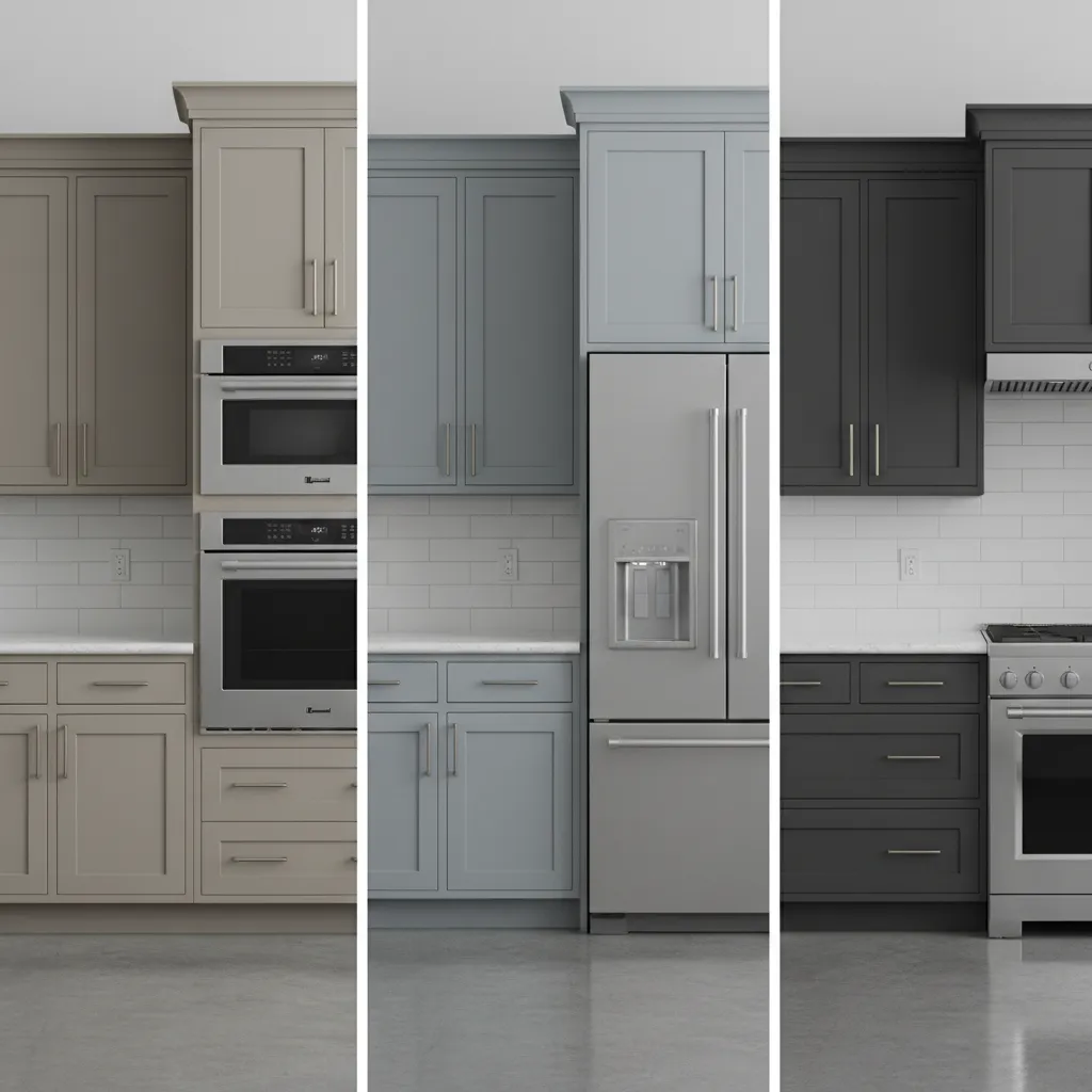 Comparison of warm grey cool grey and charcoal kitchen cabinet tones