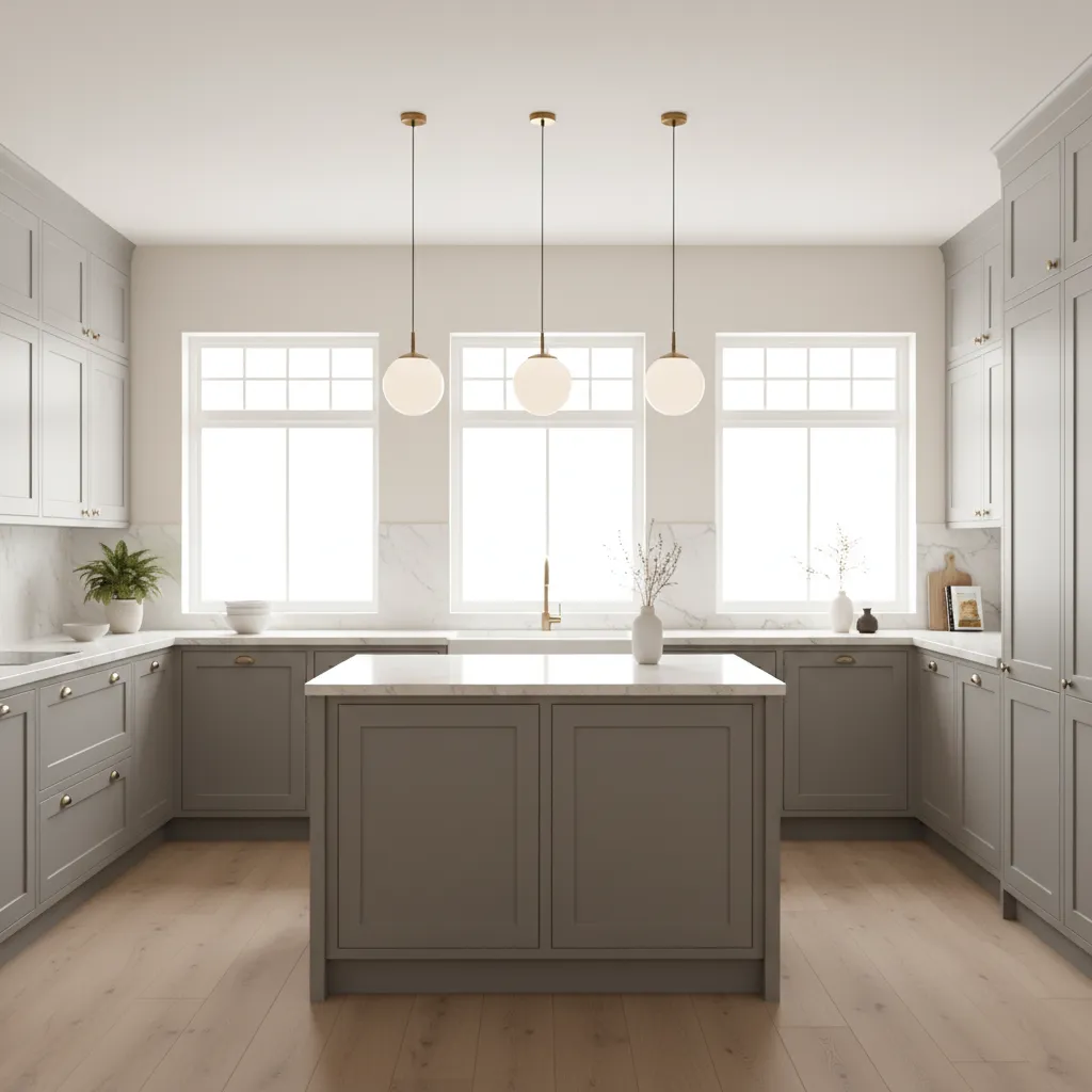 Kitchen with grey cabinets and warm white walls