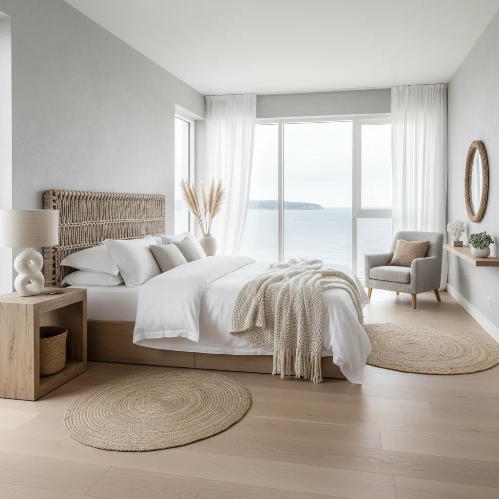 Bright grey coastal bedroom with layered neutral tones and linen bedding