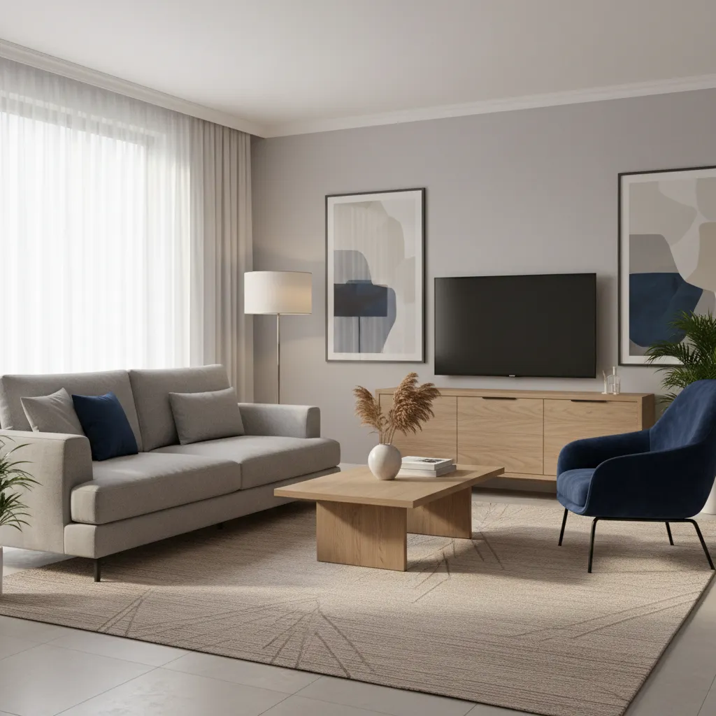 Interior palette showing grey combined with wood navy and neutral tones