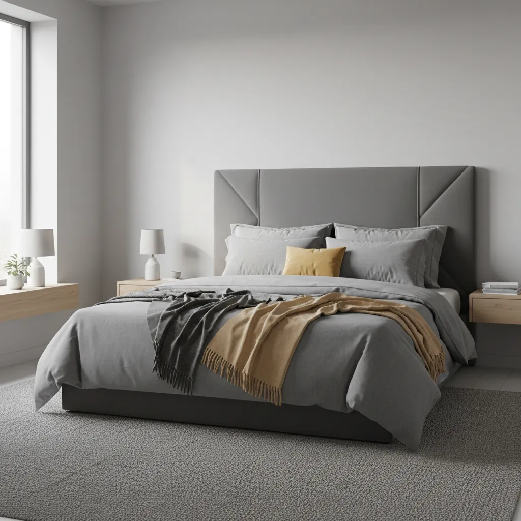 modern grey dominant bedroom with yellow accent pillows