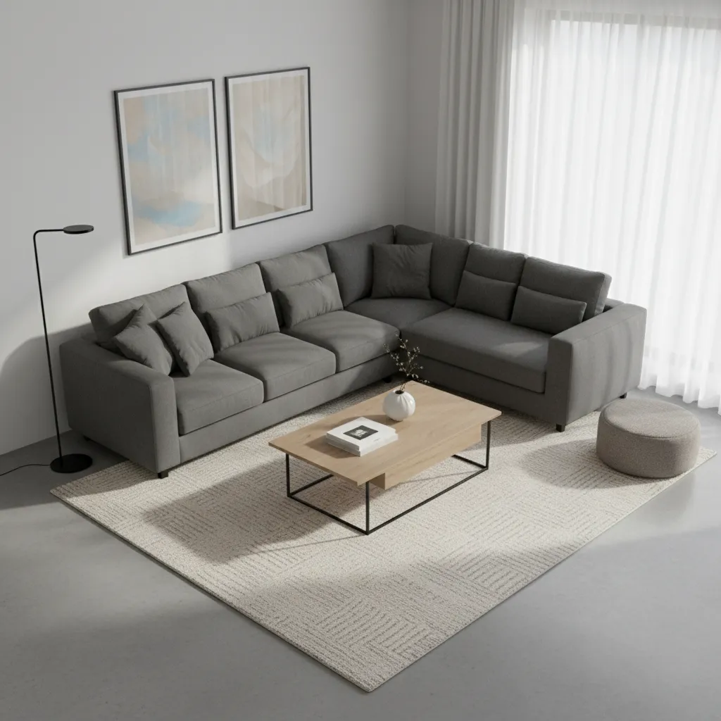 Living room layout highlighting grey flooring with furniture arrangement