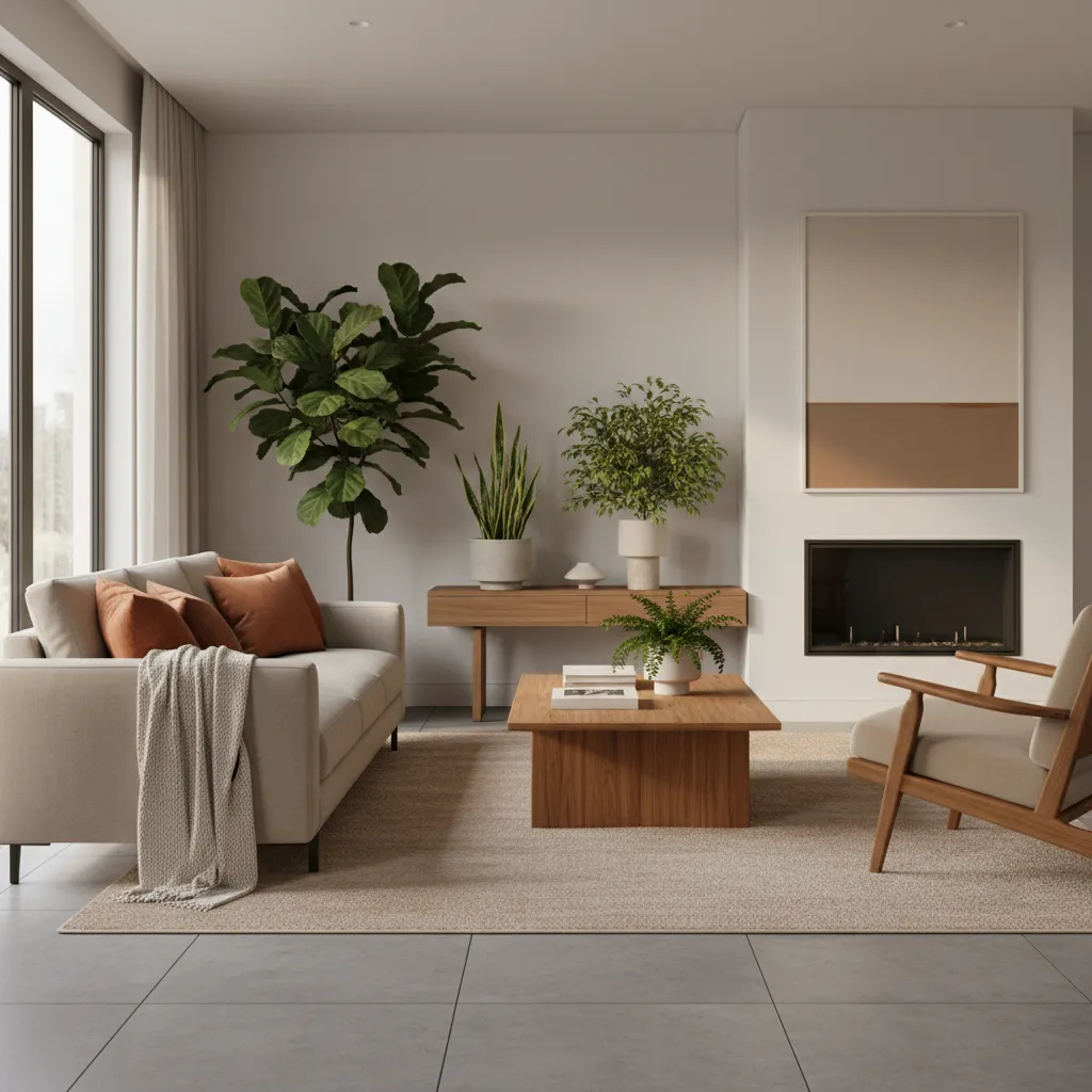 Grey floor living room with warm accent colors like terracotta cushions and wood furniture