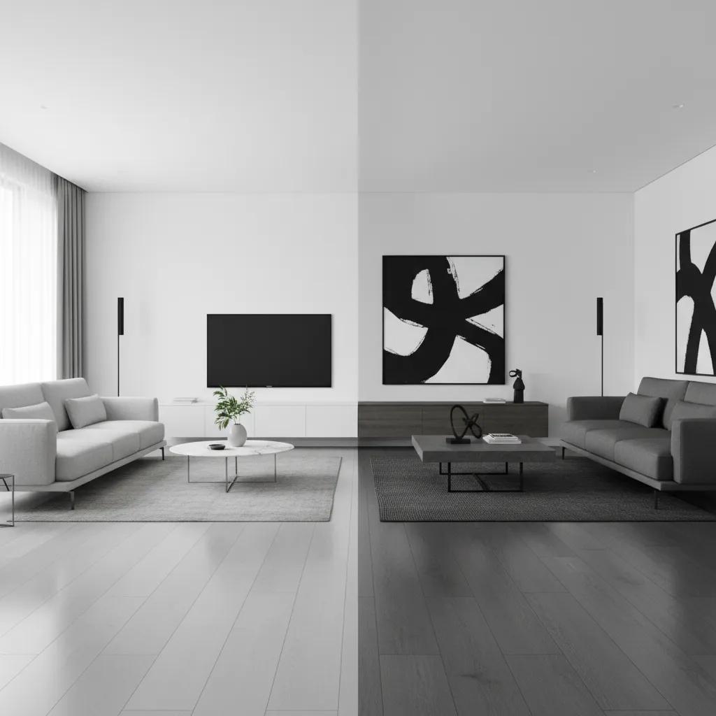 Grey Floor Shades Compared Light vs Dark Grey in White Wall Living Rooms