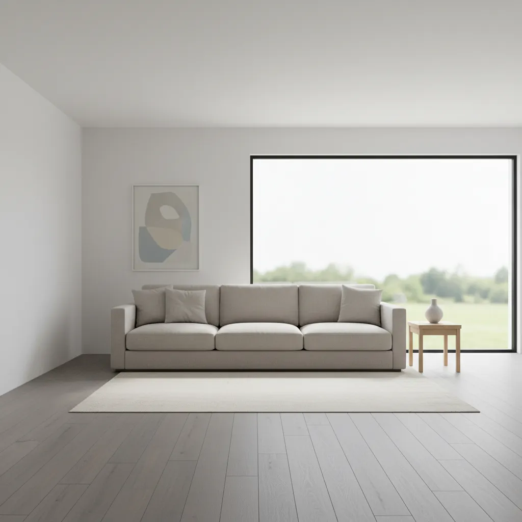 bright living room with grey floors white walls and neutral furniture arrangement