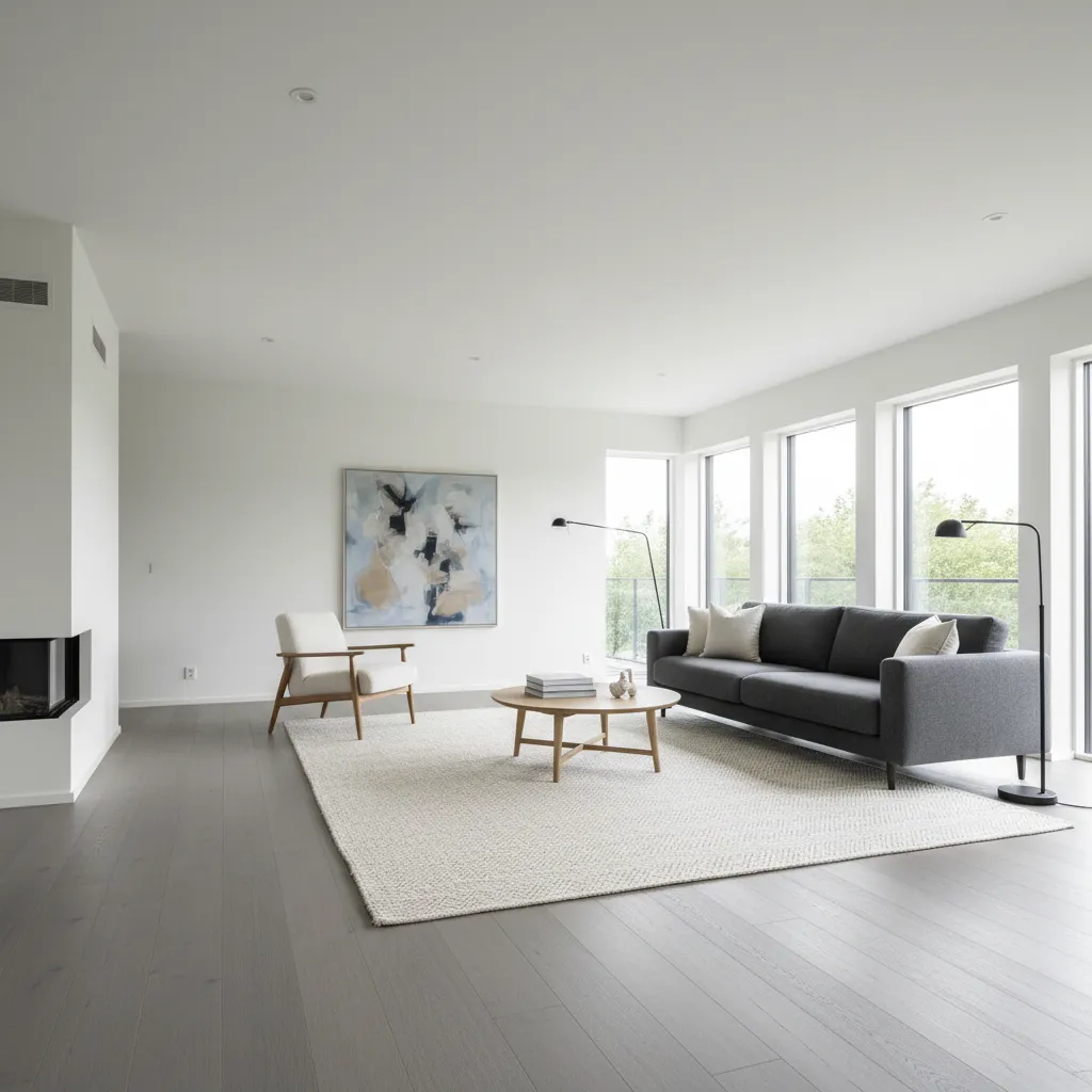Open plan living room with grey flooring and white walls