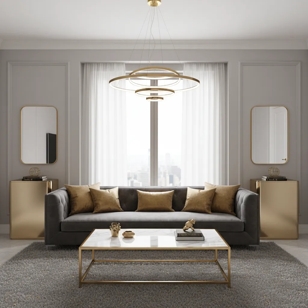light grey living room with gold accents marble table and velvet sofa