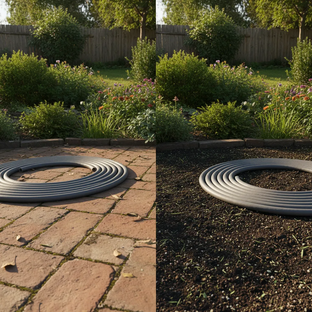 Grey garden hose placed outdoors showing moderate heat absorption compared with darker hose colors
