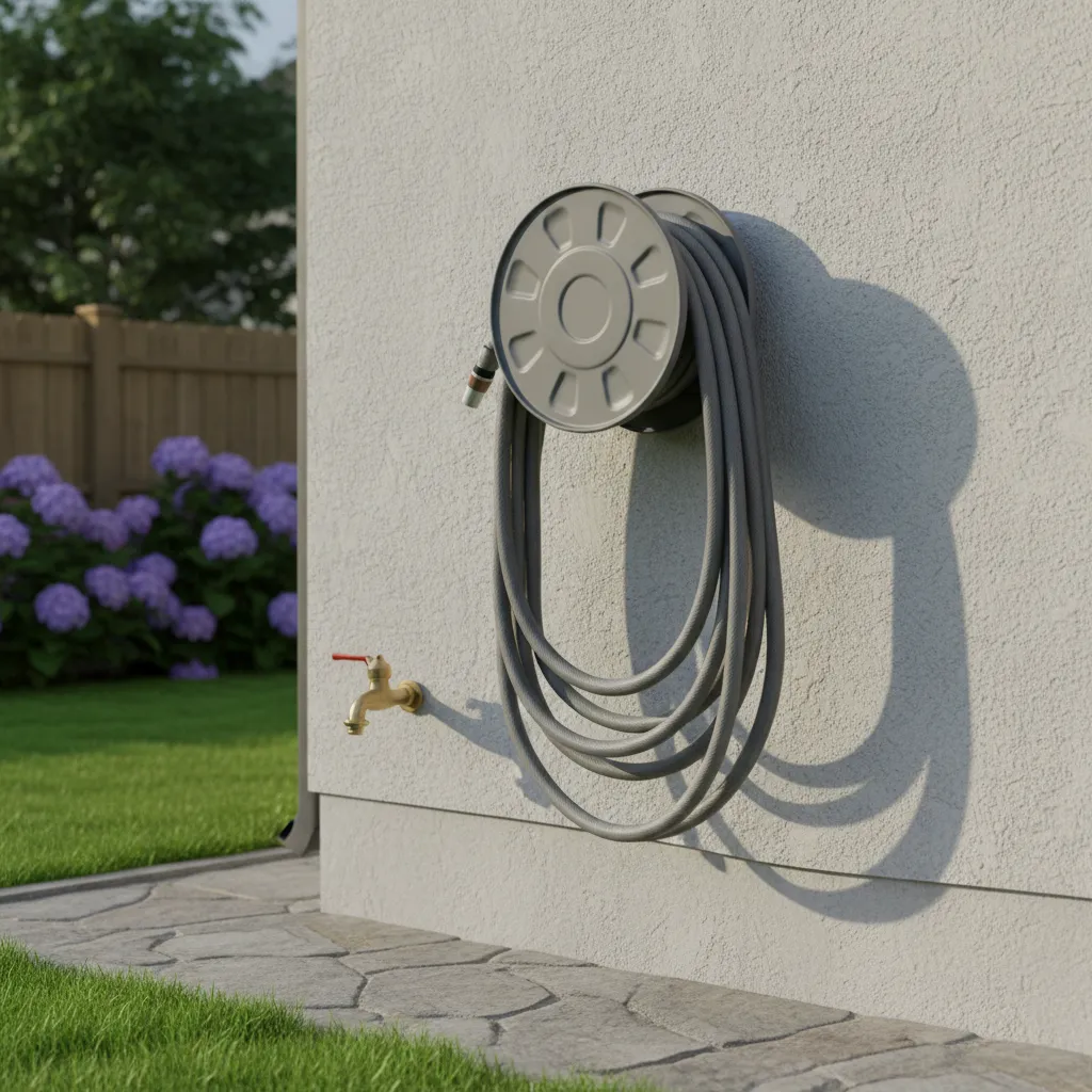Grey garden hose coiled on a wall-mounted reel beside a house exterior