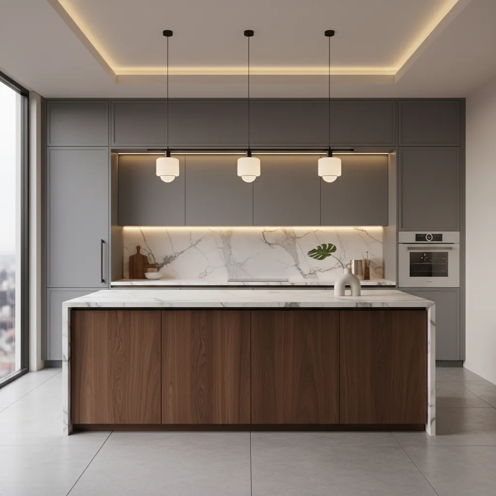 Grey kitchen cabinets paired with a warm wood island and marble countertop