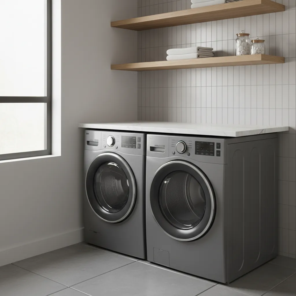 grey washer dryer with quartz countertop and tile backsplash