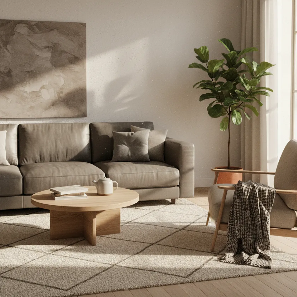 Grey leather sofa paired with wood table wool rug and natural textures