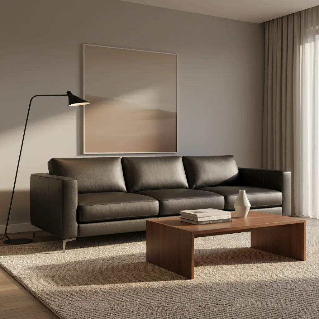 Grey leather sofa styled with wood coffee table and metal accents