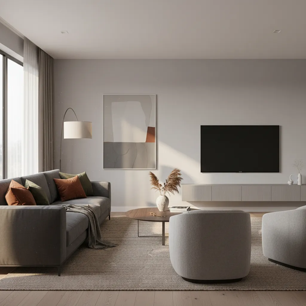 Grey living room with terracotta and olive accent pillows