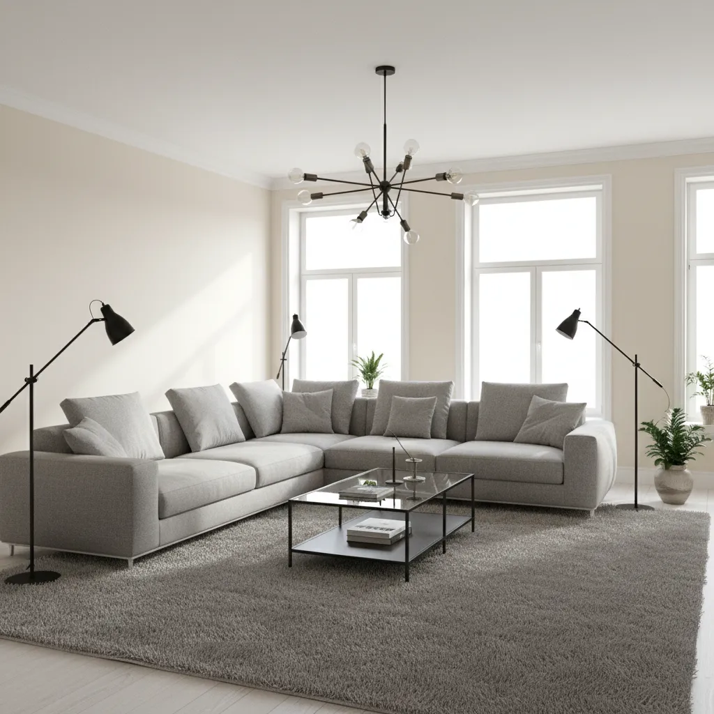 Living room layout showing grey furniture base with cream walls and black accents
