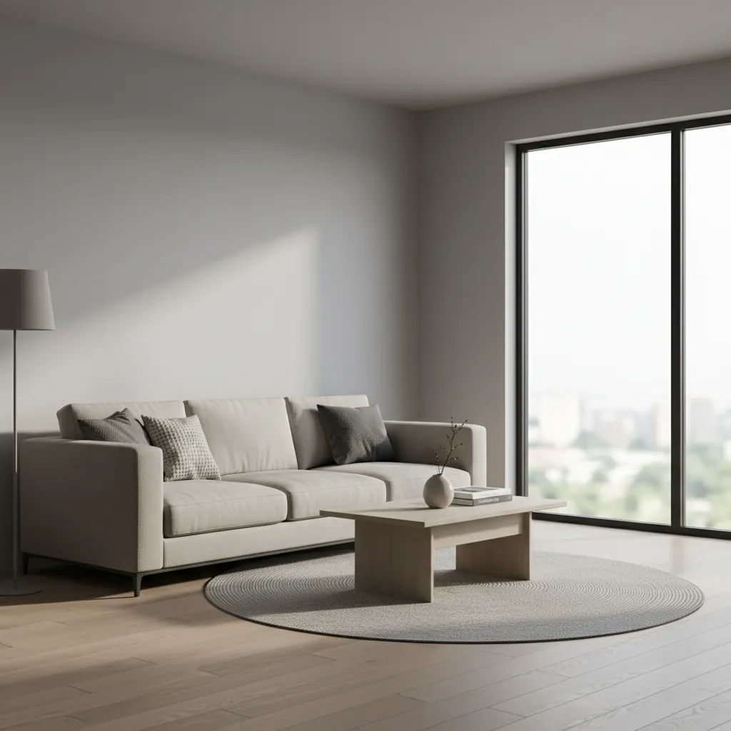 Minimal modern grey living room with sofa and neutral palette