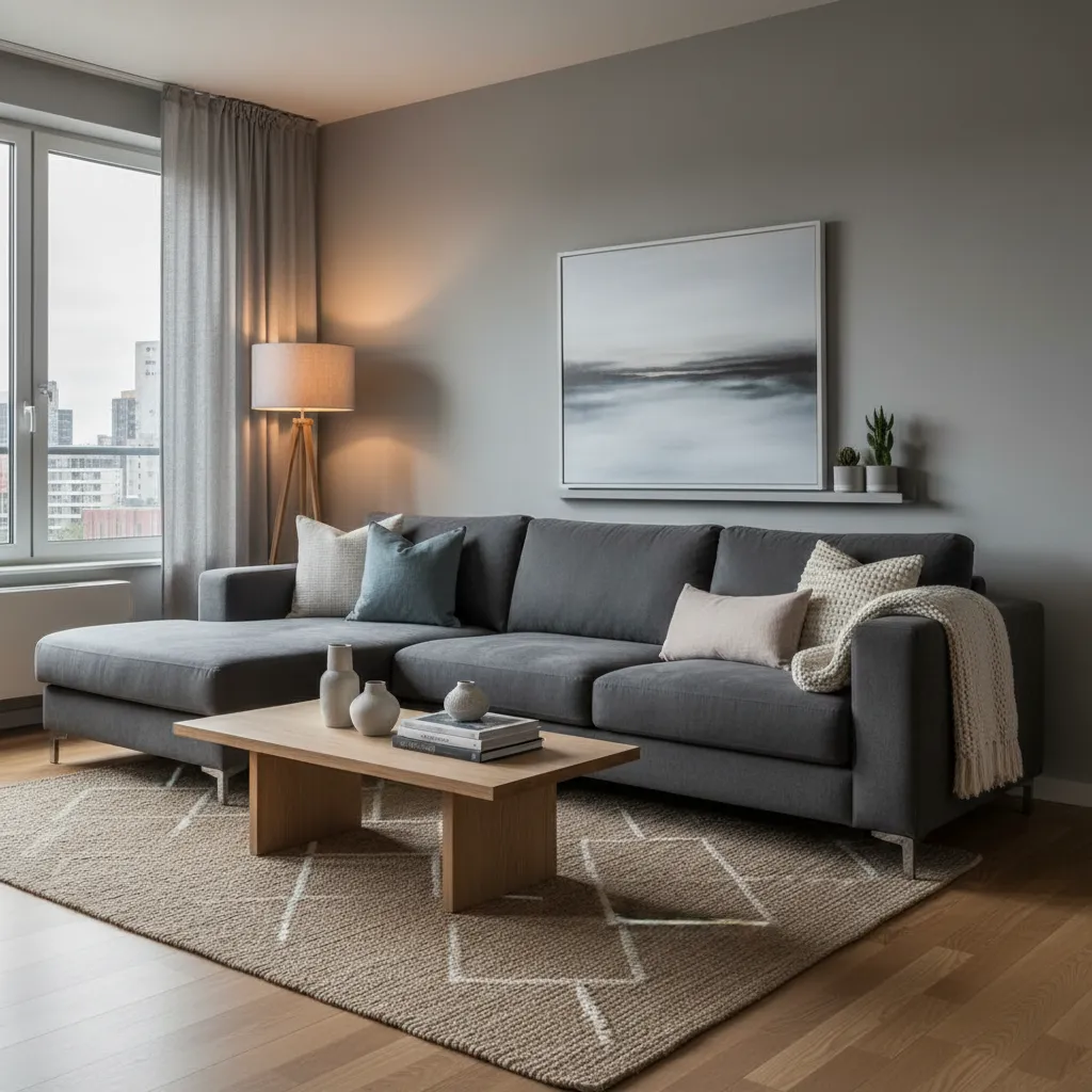 Modern grey living room with layered textiles and soft lighting
