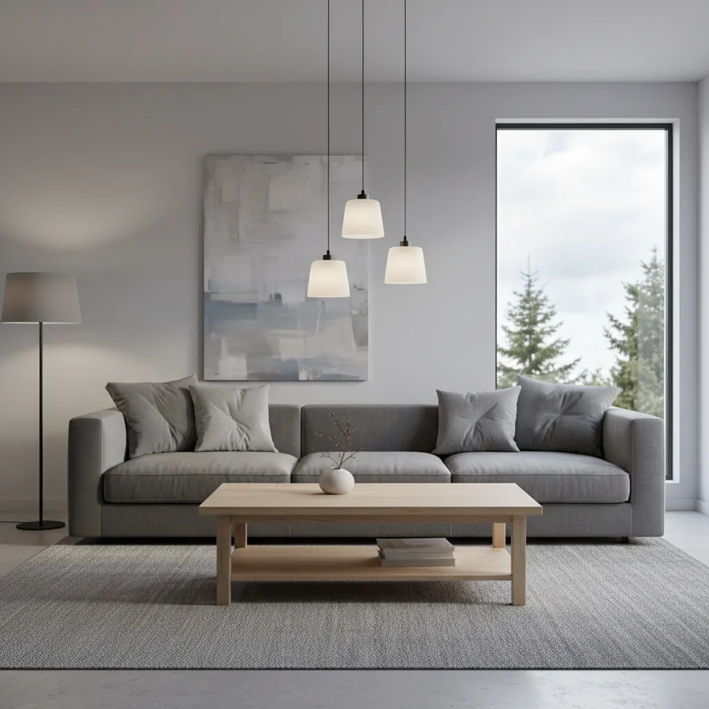 Grey living room interior with layered textiles wood furniture and soft lighting