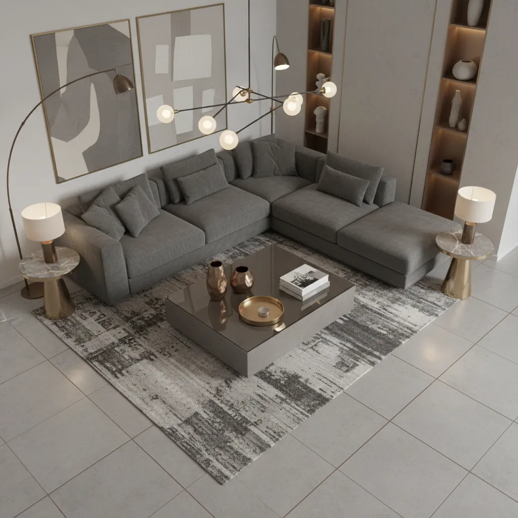 grey living room layout showing placement of bronze or gold accents