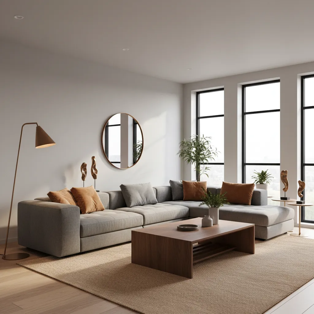 grey living room with bronze accents balanced by wood and warm textiles