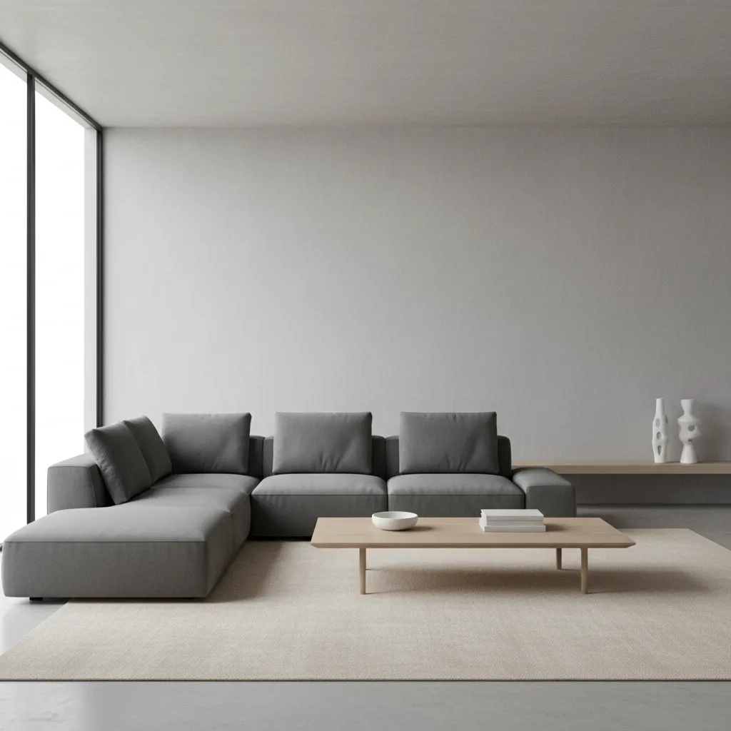 Modern grey living room with large neutral rug and minimalist furniture