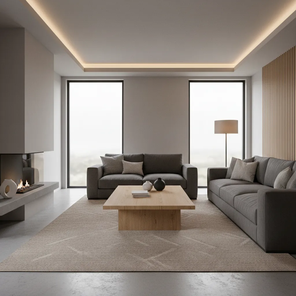 Grey living room with oak coffee table and warm lighting
