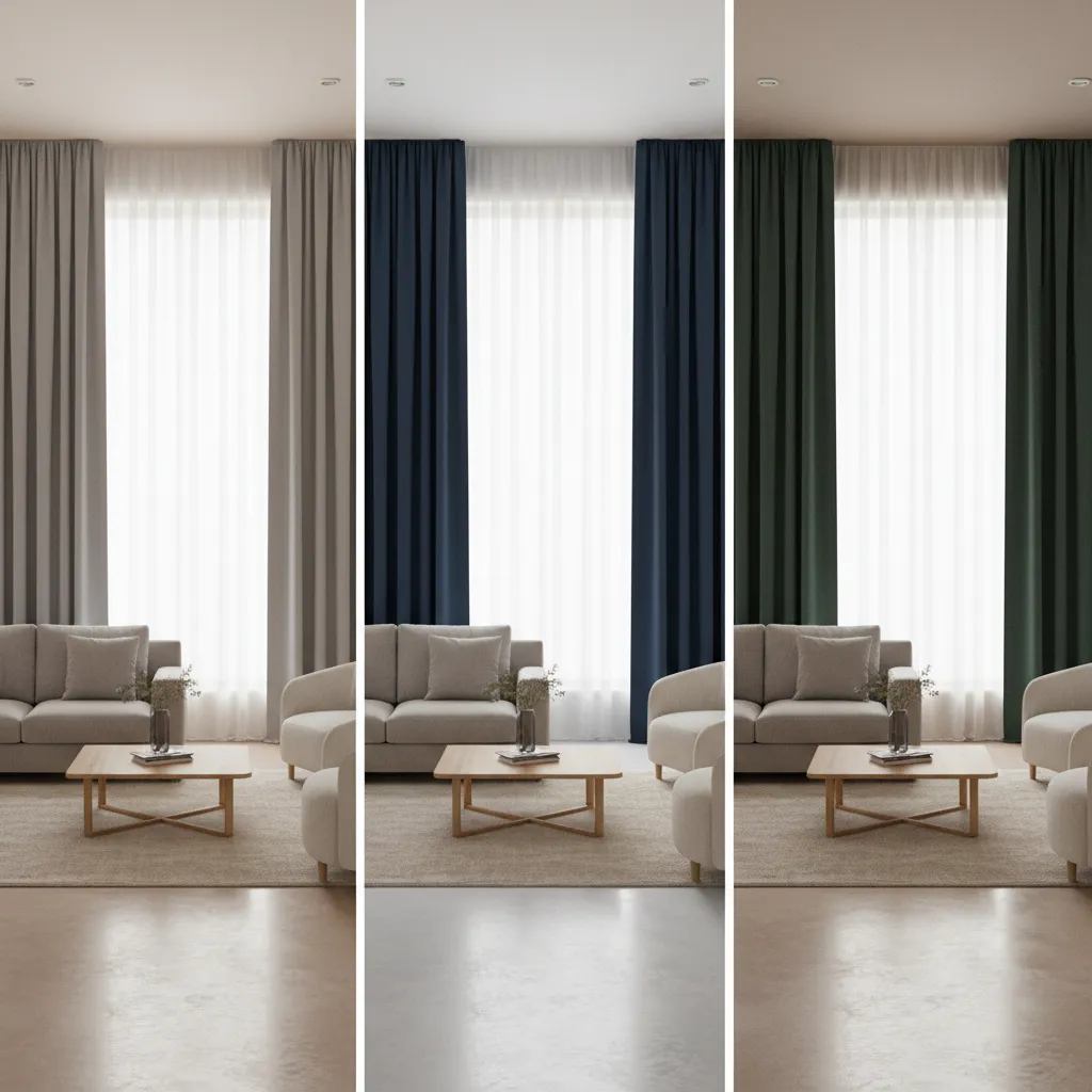 Comparison of grey, navy, and dark green living room curtains