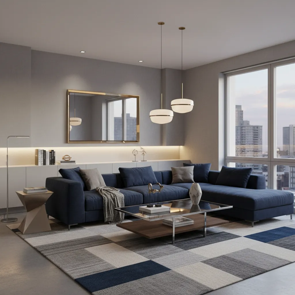 Modern drawing room with grey walls and navy blue sofa creating sophisticated contrast