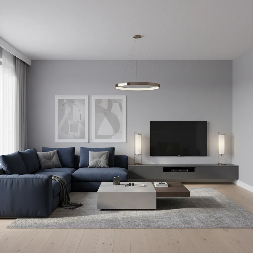 Grey and navy living room colour combination with modern furniture