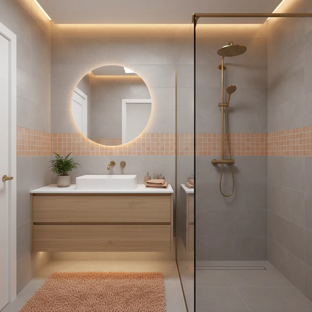 Grey and peach bathroom with brushed brass fixtures