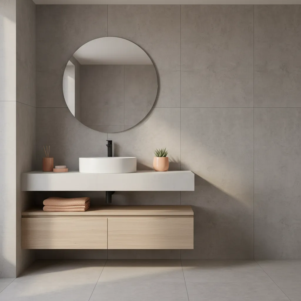 Modern bathroom showing grey tiles with subtle peach accents