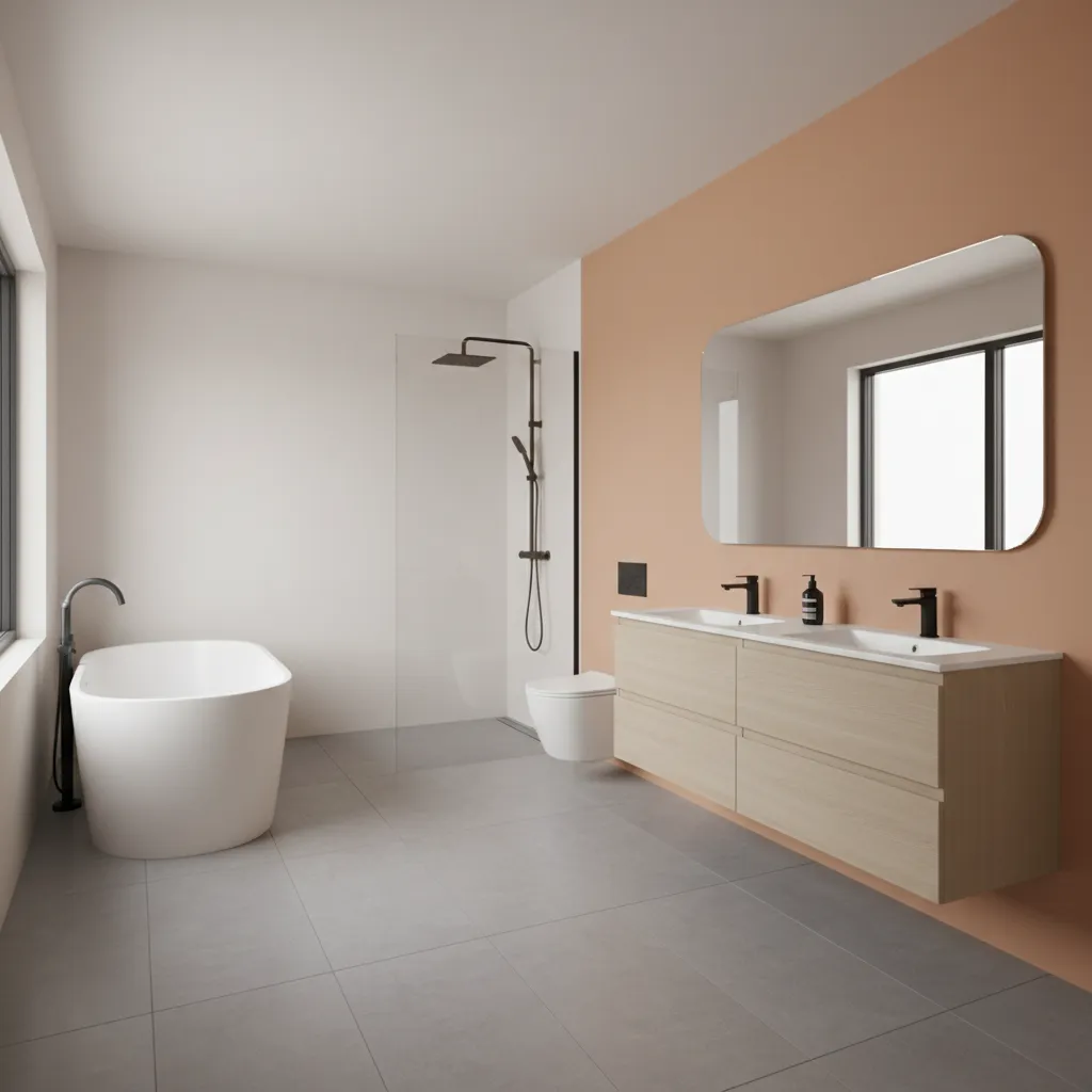 Bathroom layout showing grey surfaces and peach accent zones