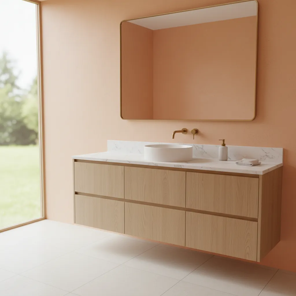 Quartz countertop vanity with grey and peach bathroom palette