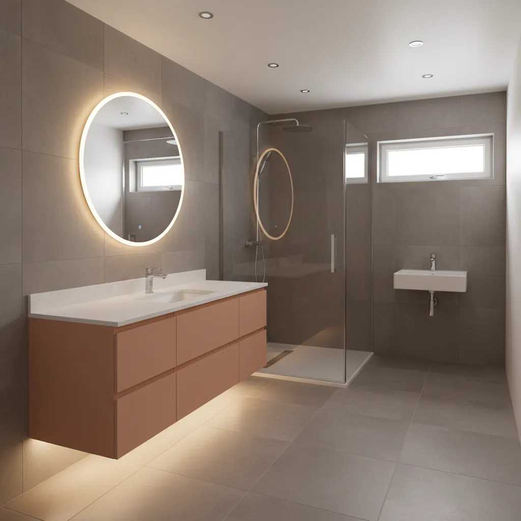 Bathroom layout featuring grey floor tiles and peach vanity cabinetry
