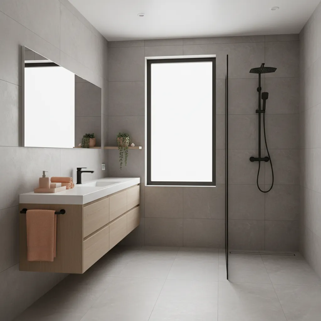 Modern bathroom interior showing grey tiles with peach accent decor