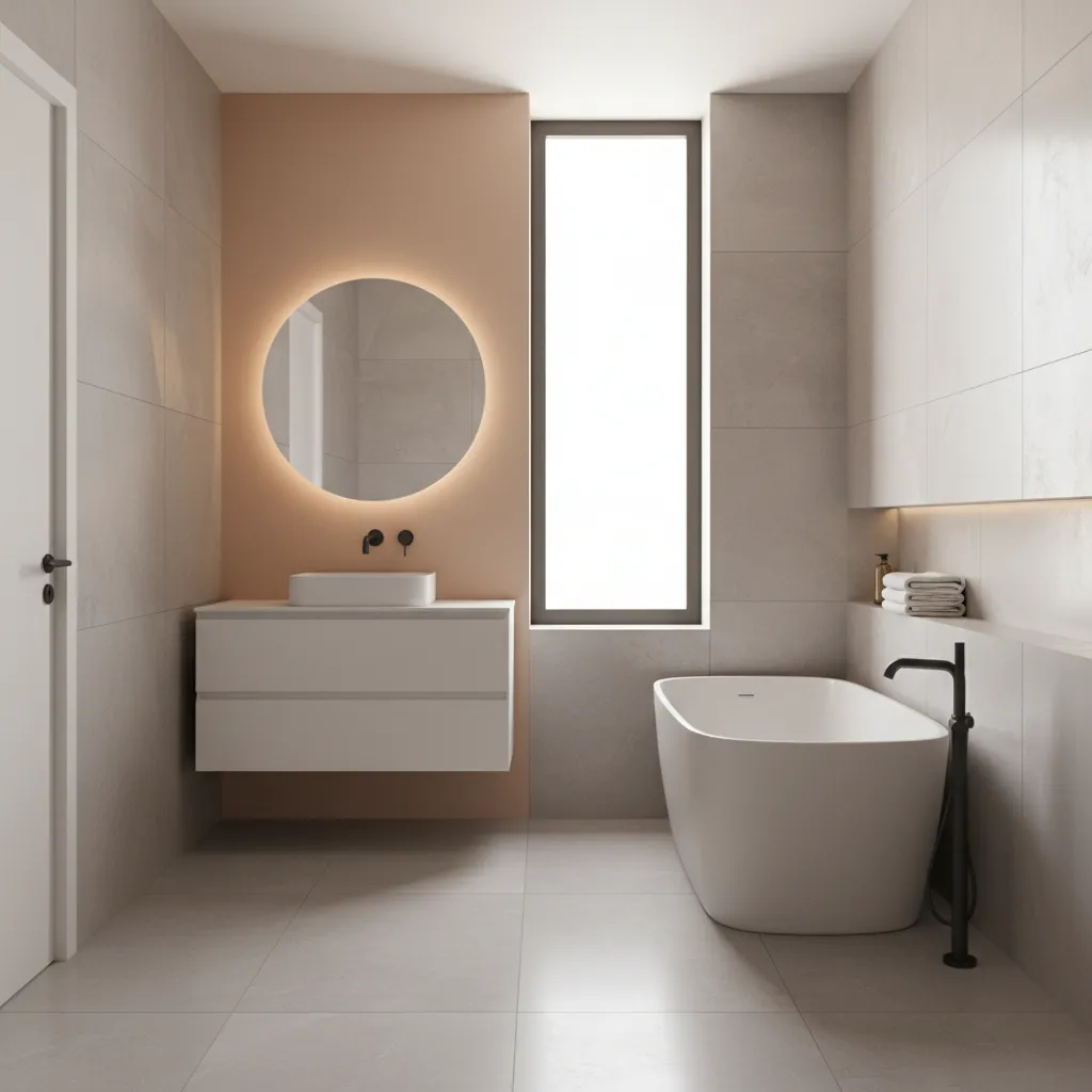 Bathroom with light grey stone tiles and peach accent wall