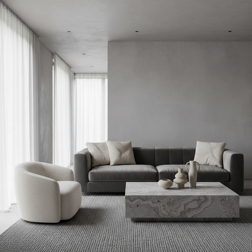 Interior showing different grey textures including rug sofa and plaster wall