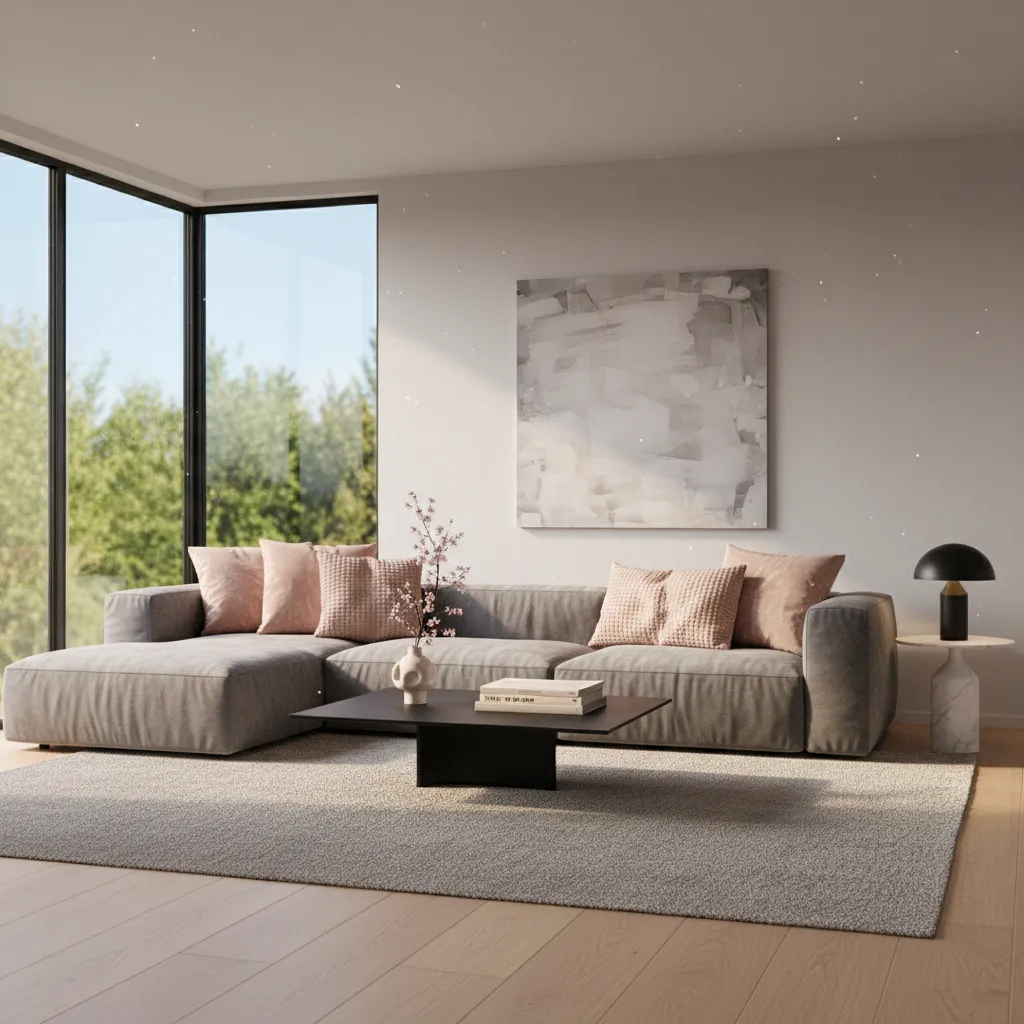 Living room with large window, grey sofa, pink pillows, black coffee table, rug, wood floor