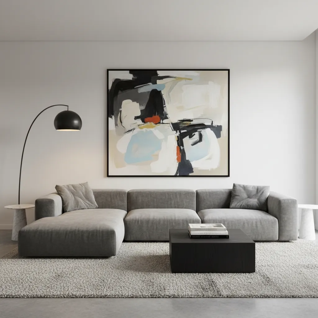 Grey sofa beneath large abstract wall art and modern floor lamp