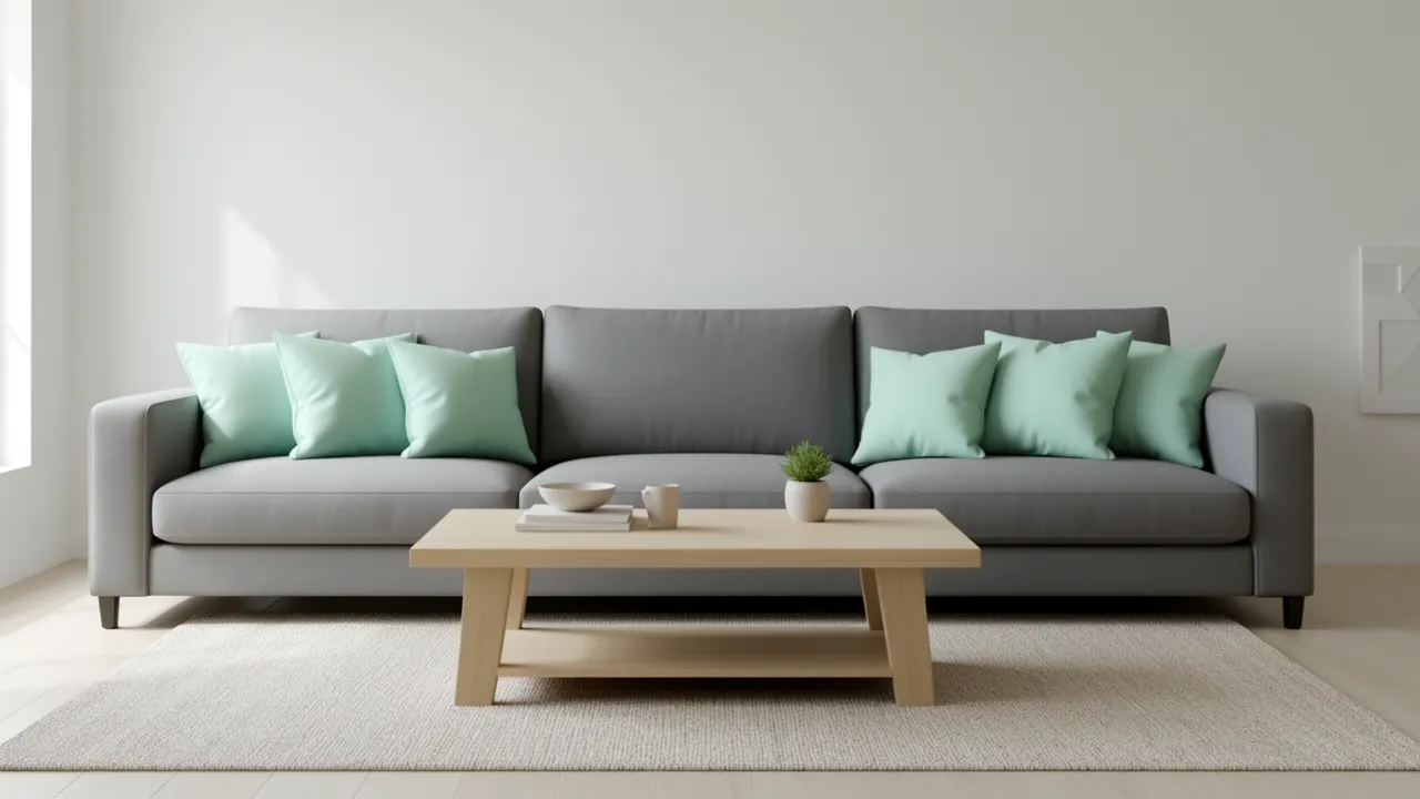grey sofa with mint green pillows in modern living room layout