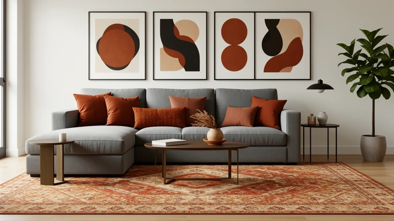 Grey sofa styled with rust colored pillows and modern artwork